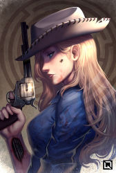 Rule 34 | 1girl, android, blonde hair, blood, blue eyes, breasts, bug, cowboy hat, dolores abernathy, expressionless, fly, gun, handgun, hat, bug, kuroi-tsuki, long hair, maze, medium breasts, profile, revolver, shaded face, solo, spoilers, weapon, westworld