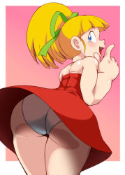 Rule 34 | 1girl, ass, bare arms, bare shoulders, blonde hair, blue eyes, blunt bangs, border, cowboy shot, dress, from behind, hair ribbon, huge ass, long hair, looking back, mega man (classic), mega man (series), open mouth, panties, pepipopo, pink background, ponytail, red dress, ribbon, roll (mega man), simple background, smile, solo, thick thighs, thighs, underwear, white border, white panties, wide hips