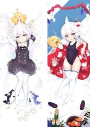 Rule 34 | 1girl, ahoge, azur lane, bed, black bow, black bowtie, black dress, black eyes, black one-piece swimsuit, bow, bowtie, closed eyes, dakimakura (medium), dress, flip-flops, flower, from above, full body, hair flower, hair ornament, holding, holding brush, japanese clothes, kimono, long sleeves, looking at viewer, lying, manjuu (azur lane), moeanime, multiple views, no shoes, on back, one-piece swimsuit, open mouth, pinafore dress, red kimono, sandals, shirt, short hair, sleeveless dress, swimsuit, thighhighs, u-110 (a cute sharky reverie) (azur lane), u-110 (azur lane), u-110 (kleiner hai) (azur lane), white flower, white hair, white shirt, white thighhighs