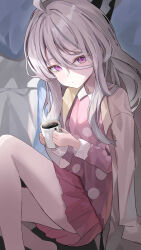 Rule 34 | 1girl, absurdres, ahoge, ass, black horns, blue archive, closed mouth, coat, coat on shoulders, coffee, cup, demon horns, feet out of frame, flat chest, grey hair, guree (haiiro), highres, hina (blue archive), hina (pajamas) (blue archive), holding, holding cup, horns, long hair, long sleeves, looking at viewer, pajamas, pink pajamas, purple eyes, solo, very long hair