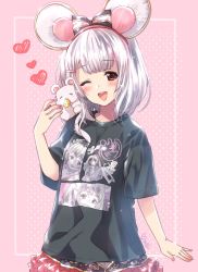 Rule 34 | 1girl, = =, animal, animal ears, animal on shoulder, artist name, black shirt, blush, cheese, commentary request, cowboy shot, fake animal ears, food, frilled skirt, frills, granblue fantasy, hair ornament, hairband, hairclip, hand up, heart, highres, kuroi mimei, looking at viewer, medium hair, mouse (animal), mouse ears, one eye closed, open mouth, red eyes, shirt, short sleeves, skirt, smile, solo, teeth, upper teeth only, vikala (granblue fantasy), white hair