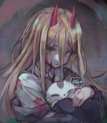 Rule 34 | 1girl, 1other, allie (ruii 10), black pants, blonde hair, blood, blood on clothes, blood on face, chainsaw man, collared shirt, heart, highres, horns, long hair, long sleeves, looking at viewer, meowy (chainsaw man), pants, power (chainsaw man), shirt, signature, twitter username, white shirt, yellow eyes