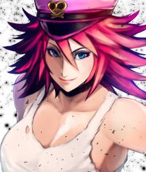 Rule 34 | 1girl, bare shoulders, black choker, blue eyes, breasts, chienon, choker, cleavage, closed mouth, collarbone, eyeshadow, final fight, hair between eyes, hat, highres, lips, looking at viewer, makeup, peaked cap, pink hair, pink hat, pink lips, poison (final fight), purple eyeshadow, shirt, short hair, smile, solo, street fighter, street fighter v, tank top, torn clothes, torn shirt, upper body, white background, white shirt