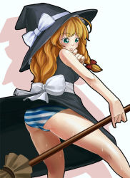 Rule 34 | 1girl, ax4, blonde hair, blue eyes, braid, broom, clothes lift, female focus, hat, kirisame marisa, long hair, panties, simple background, skirt, skirt lift, solo, striped clothes, striped panties, touhou, underwear, white background, wind, wind lift, witch, witch hat