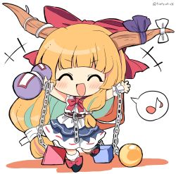 Rule 34 | 1girl, :d, black footwear, blunt bangs, bow, bowtie, chain, chibi, closed eyes, cube, cuffs, facing viewer, footwear bow, full body, gourd, hair bow, highres, horn ornament, horn ribbon, horns, ibuki suika, long hair, musical note, open mouth, orange hair, orb, pyramid (structure), ramudia (lamyun), red bow, red bowtie, ribbon, ribbon-trimmed skirt, ribbon trim, shackles, smile, socks, solo, spoken musical note, torn clothes, torn sleeves, touhou, twitter username, white socks, wrist cuffs