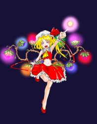 Rule 34 | alternate costume, bare shoulders, blonde hair, branch, fangs, fingernails, flandre scarlet, flower, full body, lotus, mersoleil03, midriff, navel, pointing, red eyes, red footwear, ribbon, shoes, side ponytail, simple background, skirt, solo, touhou, wrist cuffs