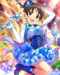 Rule 34 | 10s, 1girl, artist request, black hair, blue bow, blue bowtie, blue footwear, boots, bow, bowtie, bracelet, breasts, cleavage, elbow gloves, frilled skirt, frills, gloves, green eyes, harada miyo, hat, idolmaster, idolmaster cinderella girls, jewelry, microphone, mini hat, mini top hat, official art, roulette, skirt, smile, snowflakes, solo, top hat, white gloves