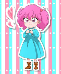Rule 34 | 1990s (style), 1girl, akazukin chacha, blue dress, boots, child, dress, full body, hair bobbles, hair ornament, heart, long sleeves, nami (akazukin chacha), outline, pink eyes, pink hair, red eyes, solo, star (symbol), striped, striped background, twintails, vertical stripes