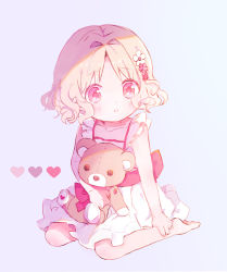 Rule 34 | 1girl, aged down, barefoot, blonde hair, bow, child, diabolik lovers, dress, dress bow, flower, frilled dress, frills, grey background, hair flower, hair intakes, hair ornament, hano luno, heart, holding, holding toy, komori yui, looking ahead, parted lips, pink bow, pink eyes, seiza, sitting, sleeveless, sleeveless dress, stuffed animal, stuffed toy, teddy bear, toy, wavy hair