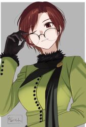 Rule 34 | 1girl, aozaki touko, black-framed eyewear, black gloves, black scarf, border, brown hair, buttons, commentary request, fur-trimmed sleeves, fur collar, fur trim, glasses, gloves, green jacket, grey background, grin, highres, jacket, looking at viewer, mahou tsukai no yoru, one eye closed, outside border, red eyes, removing eyewear, round eyewear, scarf, shintyoi2, short hair, simple background, smile, solo, white border