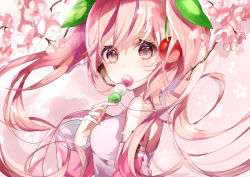 Rule 34 | 1girl, absurdres, bare shoulders, cherry, cherry blossoms, commentary, dango, detached sleeves, floral background, flower, food, food-themed hair ornament, food in mouth, from side, fruit, hair ornament, hatsune miku, headset, highres, holding, holding food, long hair, looking at viewer, looking to the side, nail polish, necktie, pink background, pink eyes, pink flower, pink hair, pink nails, pink necktie, pink shirt, pink sleeves, pink theme, sakura miku, sanshoku dango, shirt, shoulder tattoo, sleeveless, sleeveless shirt, solo, tattoo, tsukasa (pixiv34617881), twintails, upper body, very long hair, vocaloid, wagashi