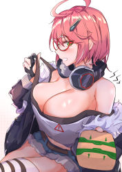 Rule 34 | 1girl, absurdres, ahoge, asymmetrical legwear, black gloves, blush, breasts, cleavage, clothes pull, counter:side, glasses, gloves, green eyes, hair ornament, headphones, headphones around neck, highres, jacket, jacket pull, muteppona hito, partially fingerless gloves, pink hair, red-framed eyewear, single bare shoulder, striped clothes, striped legwear, striped thighhighs, sylvia lena cooper, thighhighs, white background
