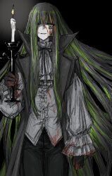 Rule 34 | 1girl, alfonso (project moon), ascot, ashi (dongshi389), barcode, barcode tattoo, black background, black coat, black gloves, black hair, black pants, black ribbon, blood, blood on clothes, blood on face, candle, coat, cowboy shot, gloves, green eyes, green hair, grey ascot, grey shirt, highres, holding, holding candle, limbus company, long hair, long sleeves, looking at viewer, multicolored hair, neck ribbon, pants, parted lips, project moon, puffy long sleeves, puffy sleeves, ribbon, shirt, simple background, smile, solo, streaked hair, tattoo, very long hair