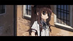 Rule 34 | 1girl, black ribbon, blue eyes, breasts, brick wall, brown hair, building, closed mouth, collared shirt, day, elisia valfelto, hair between eyes, hair intakes, letterboxed, long hair, looking away, luicent, neck ribbon, original, outdoors, puffy short sleeves, puffy sleeves, ribbon, shirt, short sleeves, sidelocks, small breasts, solo, sunglasses, suspenders, twintails, white shirt, window