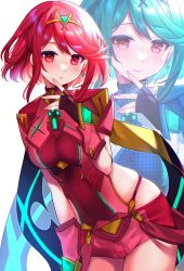 Rule 34 | absurdres, asada sadao, black gloves, bob cut, breasts, chest jewel, covered navel, earrings, female focus, fingerless gloves, gloves, green hair, highres, jewelry, large breasts, long hair, matching hair/eyes, pneuma (xenoblade), pyra (xenoblade), red eyes, red hair, red shorts, short hair, short shorts, shorts, swept bangs, thighhighs, tiara, very long hair, xenoblade chronicles (series), xenoblade chronicles 2