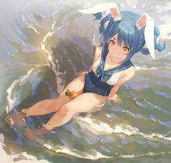 Rule 34 | 1girl, alternate costume, alternate hairstyle, animal ear fluff, animal ears, bare arms, bare legs, blue bow, blue bowtie, blue hair, blue one-piece swimsuit, blue sailor collar, bow, bowtie, breasts, carrot, clenched teeth, commentary, double bun, from above, hair bun, hair up, highres, hololive, looking at viewer, medium breasts, one-piece swimsuit, outdoors, partially submerged, rabbit ears, rabbit girl, ruien (wu jui-en), sailor collar, smile, soaking feet, solo, swimsuit, teeth, usada pekora, virtual youtuber, waves, white hair, yellow eyes
