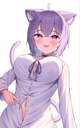 Rule 34 | 1girl, absurdres, ahoge, animal ear fluff, animal ears, aqua hair, black choker, blush, breasts, cat ears, cat girl, cat tail, choker, colored inner hair, hair between eyes, highres, hololive, kumoru (kumoru 145), large breasts, long sleeves, looking at viewer, multicolored hair, navel, nekomata okayu, nekomata okayu (oversized shirt), official alternate costume, open mouth, partially unbuttoned, purple eyes, purple hair, purple ribbon, ribbon, shirt, short hair, simple background, smile, solo, tail, upper body, virtual youtuber, white background