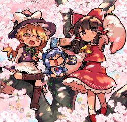 Rule 34 | 6+girls, absurdres, ahoge, alcohol, apron, ascot, bare shoulders, black eyes, black hair, black headwear, black vest, blonde hair, blue dress, blue hair, blush, boots, bow, brown footwear, can, cherry blossoms, cirno, closed eyes, closed mouth, clownpiece, daiyousei, detached sleeves, dress, eternity larva, fairy, frilled skirt, frills, hair bow, hair tubes, hakurei reimu, hat, hat bow, highres, holding, holding can, ice, ice wings, in tree, japanese clothes, kirisame marisa, knee boots, lily white, long hair, long sleeves, luna child, masu, moyazou (kitaguni moyashi seizoujo), multiple girls, nontraditional miko, open mouth, red bow, red footwear, red skirt, ribbon-trimmed sleeves, ribbon trim, shirt, shoes, short hair, short sleeves, sidelocks, sitting, sitting in tree, skirt, smile, socks, star sapphire, sunny milk, touhou, tree, vest, waist apron, white apron, white bow, white shirt, white sleeves, white socks, wide sleeves, wings, witch hat, yellow ascot, yellow eyes