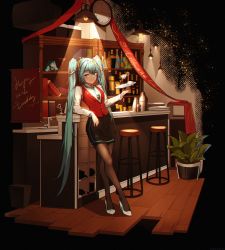 Rule 34 | 1girl, bar (place), bar stool, black skirt, blue hair, blue necktie, bottle, brown pantyhose, ceiling light, character doll, clock, commentary, counter, cup, drinking glass, english commentary, full body, hair between eyes, hair ornament, happy birthday, hatsune miku, high heels, highres, holding, holding tray, indoors, long hair, long sleeves, looking at viewer, necktie, pantyhose, parted lips, plant, potted plant, red vest, rzx0, shirt, skirt, solo, standing, stool, tray, twintails, very long hair, vest, vocaloid, white footwear, white shirt, wooden floor