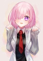 Rule 34 | 1girl, absurdres, black dress, blush, collared dress, commentary request, dress, fate/grand order, fate (series), grey jacket, hair over one eye, harukappa, highres, hood, hood down, hooded jacket, jacket, light purple hair, long sleeves, looking at viewer, mash kyrielight, multicolored clothes, multicolored jacket, necktie, one eye covered, open clothes, open jacket, open mouth, purple eyes, red necktie, short hair, sleeves past wrists, smile, solo, twitter username, two-tone jacket, white jacket