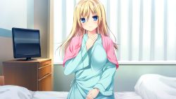 Rule 34 | 1girl, bed, blonde hair, blue eyes, blush, breasts, curtains, game cg, harvest overray, large breasts, long hair, looking at viewer, mikami lilia, nironiro, pillow, sitting, smile, solo, television, usume shirou
