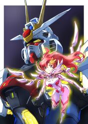 Rule 34 | 1girl, 1other, blue eyes, bodysuit, breasts, glowing, glowing eyes, gundam, gundam seed, gundam seed freedom, hair ornament, highres, lacus clyne, long hair, looking at viewer, mecha, mechanical wings, mighty strike freedom gundam, mobile suit, normal suit, pilot, pilot suit, pink hair, ponytail, robot, science fiction, smile, taiga hiroyuki, very long hair, wings