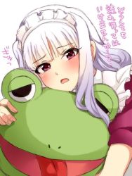 Rule 34 | 1girl, bad id, bad pixiv id, blush, frog, hug, idolmaster, idolmaster (classic), long hair, looking at viewer, maid, maid headdress, open mouth, purple eyes, restaint, shijou takane, silver hair, simple background, solo, translated