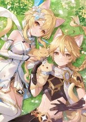 Rule 34 | 1boy, 1girl, aether (genshin impact), ahoge, animal, animal ear fluff, animal ears, bare shoulders, blonde hair, boots, braid, breasts, brother and sister, brown gloves, brown pants, brown shirt, cat, cat boy, cat ears, cat girl, cat tail, closed eyes, closed mouth, detached sleeves, dress, earrings, feather hair ornament, feathers, flower, genshin impact, gloves, grass, hair between eyes, hair flower, hair ornament, hand on own stomach, hand up, hands up, highres, jewelry, long hair, long sleeves, looking at viewer, looking up, lumine (genshin impact), lying, medium breasts, navel, nima (niru54), on back, on side, open mouth, orange eyes, pants, petals, ribbon, scarf, shadow, shirt, short hair, short hair with long locks, short sleeves, siblings, sidelocks, single earring, smile, star (symbol), star print, tail, white dress, white flower, white footwear, white ribbon, white scarf, yellow eyes, yellow flower, yellow fur