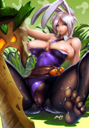 Rule 34 | 1girl, alternate costume, animal ears, battle bunny riven, belt, breasts, breasts out, broken, broken sword, broken weapon, clitoris, clothing aside, detached collar, fake animal ears, feet, female focus, folded ponytail, highres, large breasts, league of legends, leotard, leotard aside, mr h.l., necktie, nipples, no panties, no shoes, pantyhose, playboy bunny, pussy, pussy juice, rabbit ears, riven (league of legends), see-through, short hair, silver hair, soles, solo, spread legs, sword, toes, uncensored, weapon