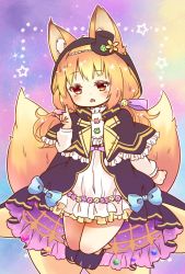 Rule 34 | 1girl, animal ear fluff, animal ears, bad id, bad twitter id, bare legs, blonde hair, bow, capelet, commentary request, dress, fang, flower knight girl, fox ears, fox shadow puppet, fox tail, frilled capelet, frilled dress, frills, full body, hair ribbon, hairband, hat, jacket, kitsune no botan (flower knight girl), long hair, long sleeves, mini hat, mini top hat, multicolored background, multiple tails, orange eyes, parted lips, paw shoes, ribbon, shoes, short dress, star (symbol), starry background, tail, top hat, two tails, usanote shiro
