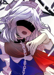 Rule 34 | 1girl, blue dress, blush, brown scarf, chain, collar, dress, fang, gradient clothes, grey hair, hand up, headband, highres, ichirugi, izayoi sakuya, long sleeves, maid, maid headdress, nervous, open mouth, red scarf, scarf, short hair, sky, snow, snowing, solo, standing, teeth, tongue, touhou, tree, upper body, white sky