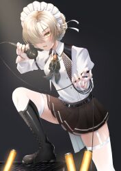 Rule 34 | 1girl, azur lane, black background, black thighhighs, black vest, blonde hair, boots, braid, checkered clothes, checkered vest, cowboy shot, fingerless gloves, garter straps, gloves, glowstick, hair over one eye, highres, holding, holding microphone, idol, jewelry, knee boots, konparu uran, leg up, long sleeves, looking at viewer, maid headdress, microphone, microphone cord, miniskirt, necklace, open mouth, parted bangs, pleated skirt, sheffield (azur lane), sheffield (muse) (azur lane), shirt, skirt, solo, thighhighs, vest, white shirt, yellow eyes