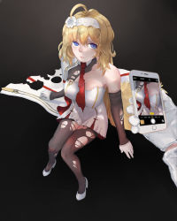 Rule 34 | 1girl, absurdres, ahoge, armpits, bad id, bad pixiv id, bare shoulders, black background, black pantyhose, blonde hair, blue eyes, breasts, closed mouth, cross, detached sleeves, dress, duke of york (zhan jian shao nyu), flats, flower, from above, frown, gradient background, grey footwear, hair flower, hair ornament, hairband, high collar, high heels, highres, holding, holding phone, knees together feet apart, lips, long hair, looking up, medium breasts, necktie, pantyhose, phone, pumps, red necktie, roundel, shoes, sitting, solo focus, spiked hair, taking picture, torn clothes, torn legwear, vpdoge, warship girls r, white dress