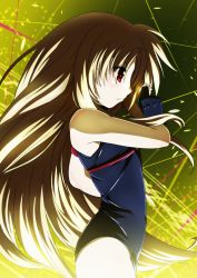 Rule 34 | 1girl, bardiche (nanoha), bardiche (standby form) (nanoha), black gloves, black leotard, blonde hair, closed mouth, commentary request, cowboy shot, fate testarossa, from side, frown, gloves, highres, holding, leotard, light particles, long hair, lyrical nanoha, magic circle, mahou shoujo lyrical nanoha, mahou shoujo lyrical nanoha innocent, red eyes, sleeveless, solo, standing, tappa (esperanza), v-shaped eyebrows