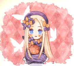 Rule 34 | 1girl, :d, abigail williams (fate), argyle, argyle background, argyle clothes, black bow, black dress, black hat, blonde hair, blue eyes, blush, bow, bug, butterfly, dress, fate/grand order, fate (series), forehead, hair bow, hat, hugging object, insect, long hair, long sleeves, looking at viewer, open mouth, orange bow, parted bangs, polka dot, polka dot bow, signature, sleeves past fingers, sleeves past wrists, smile, solo, stuffed animal, stuffed toy, takanashi hiyori, teddy bear, upper body, very long hair