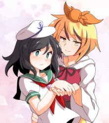 Rule 34 | 2girls, anchor symbol, black hair, black ribbon, blonde hair, blouse, blush, bright pupils, cel shading, closed mouth, commentary request, commission, dairi, dress, green eyes, green sailor collar, hair ornament, hand on another&#039;s back, hat, holding hands, long sleeves, looking at another, multiple girls, murasa minamitsu, neck ribbon, neckerchief, puffy short sleeves, puffy sleeves, red dress, red neckerchief, ribbon, sailor collar, sailor hat, shirt, short hair, short sleeves, skeb commission, smile, split mouth, toramaru shou, touhou, upper body, white headwear, white pupils, white shirt, white sleeves, yellow eyes, yuri