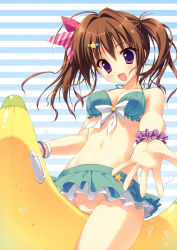 Rule 34 | 1girl, :d, absurdres, ahoge, arm strap, banana boat, bikini, bikini skirt, bikini top only, bottomless, bow, bracelet, breasts, brown hair, fang, hair bow, hair ornament, highres, jewelry, navel, open mouth, original, purple eyes, ryouka (suzuya), short hair, short twintails, smile, solo, star (symbol), striped, striped background, swimsuit, twintails, water drop