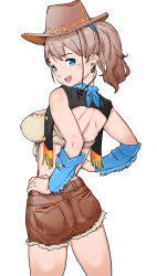 Rule 34 | 1girl, alternate costume, blue eyes, blue neckwear, breasts, brown hair, brown shorts, cowboy hat, cowboy shot, cowboy western, crop top, from behind, hands on own hips, hat, highres, igarashi mangou, intrepid (kancolle), kantai collection, large breasts, open mouth, ponytail, short hair, shorts, simple background, smile, solo, standing, white background