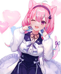 Rule 34 | 182 1x156 (gkyn8274), 1girl, ;d, absurdres, ahoge, anchor symbol, animal ears, balloon, blue hair, blue hairband, blue ribbon, blush, bow, braid, breasts, brooch, cat ears, cat girl, cat tail, choker, collarbone, dress, fingers to cheeks, french braid, hairband, heart balloon, highres, hololive, jewelry, kemonomimi mode, leaning to the side, long hair, long sleeves, looking at viewer, low twintails, medium breasts, minato aqua, minato aqua (sailor), multicolored hair, neck ribbon, one eye closed, open mouth, pink eyes, pink hair, puffy sleeves, ribbon, ribbon choker, simple background, smile, solo, tail, tail ornament, tail ribbon, twintails, two-tone hair, upper body, virtual youtuber, white background, white bow, white dress