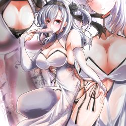 Rule 34 | 1girl, aged up, ass, black headband, black panties, breasts, bridal gauntlets, china dress, chinese clothes, cleavage, commentary request, cowboy shot, dress, folded fan, folding fan, garter straps, grey eyes, hair ornament, hand fan, headband, highres, kantai collection, kentan (kingtaiki), large breasts, long hair, looking at viewer, multiple views, one side up, panties, side-tie panties, silver hair, suzutsuki (kancolle), thighhighs, underwear, white dress, white thighhighs