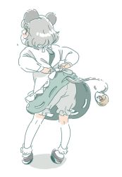 Rule 34 | 1girl, animal ears, apron, basket, bird, bloomers, capelet, from behind, grey hair, mitsumoto jouji, mouse (animal), mouse ears, mouse tail, nazrin, short hair, solo, sparrow, tail, touhou, tying, underwear