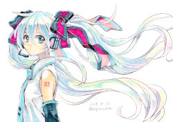 Rule 34 | 1girl, aqua eyes, aqua hair, black bow, bow, collared shirt, dated, detached sleeves, expressionless, floating hair, from side, hair between eyes, hair bow, hatsune miku, headphones, headset, long hair, looking at viewer, marker (medium), microphone, mojacookie, multicolored hair, necktie, pink bow, shirt, simple background, sleeveless, solo, striped, striped bow, traditional media, twintails, twitter username, upper body, very long hair, vocaloid, white background, white hair