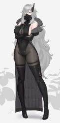 Rule 34 | 1girl, bare shoulders, black dress, black footwear, black leotard, boots, breasts, covered navel, crossed arms, dress, full body, gas mask, grey eyes, grey hair, hair ornament, hair over one eye, hayabusa, high heel boots, high heels, highleg, highleg leotard, highres, large breasts, leotard, long hair, looking at viewer, mask, mole, mole under eye, original, sideboob, solo, thigh boots, thighhighs