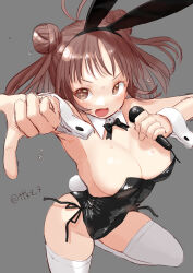 Rule 34 | 1girl, alternate breast size, alternate costume, animal ears, antenna hair, black bow, black bowtie, black leotard, bow, bowtie, breasts, brown eyes, brown hair, cleavage, detached collar, double bun, grey background, hair bun, highres, kantai collection, leotard, medium breasts, microphone, naka (kancolle), one-hour drawing challenge, playboy bunny, rabbit ears, rabbit tail, solo, standing, standing on one leg, strap slip, tail, tetsukuzu (yajirushi shita), thighhighs, twitter username, white thighhighs, wrist cuffs