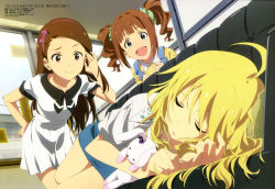 Rule 34 | 3girls, :d, absurdres, ahoge, blonde hair, bow, brown hair, couch, closed eyes, green eyes, hair bow, hand on own hip, highres, hoshii miki, idolmaster, idolmaster (classic), idolmaster movie, long hair, lying, megami magazine, minase iori, multiple girls, non-web source, official art, on side, open mouth, red eyes, short hair, sleeping, smile, stuffed animal, stuffed rabbit, stuffed toy, takatsuki yayoi, tanaka yuusuke, twintails