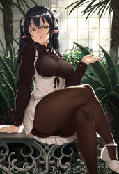 Rule 34 | 1girl, bench, black hair, black panties, black pantyhose, black shirt, bodice, breasts, collared shirt, crossed legs, dress shirt, elf, elf (houtengeki), female focus, hair ribbon, highres, houtengeki, large breasts, long sleeves, looking at viewer, miniskirt, original, panties, panties under pantyhose, pantyhose, parted lips, plant, pointy ears, ribbon, shirt, shoes, sitting, skirt, solo, thick thighs, thighband pantyhose, thighs, twintails, underbust, underwear, white footwear, white ribbon, white skirt, yellow eyes