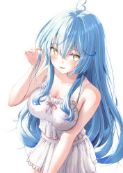 Rule 34 | 1girl, absurdres, ahoge, bare shoulders, blue hair, camisole, collarbone, crossed bangs, frilled camisole, frilled skirt, frills, from above, hand up, highres, hololive, leaning forward, light blush, long hair, looking at viewer, official alternate costume, open mouth, pink ribbon, playing with own hair, polka dot, polka dot camisole, polka dot skirt, ribbon, sidelocks, simple background, skirt, spaghetti strap, tatataecho, very long hair, virtual youtuber, white background, white camisole, white skirt, yellow eyes, yukihana lamy, yukihana lamy (loungewear)