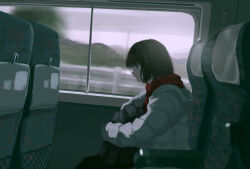 Rule 34 | 1girl, absurdres, backlighting, backpack, bag, bag on lap, black bag, black eyes, black hair, black pants, bob cut, bus interior, day, down jacket, expressionless, from side, guard rail, highres, hood, hood down, hooded jacket, jacket, kyano (kyanora3141), long sleeves, looking down, motion blur, on chair, original, overcast, pants, profile, red scarf, scarf, scenery, short hair, sitting, sky, solo, unworn bag, white jacket
