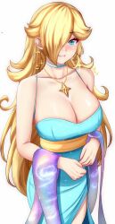Rule 34 | 1girl, alternate costume, anisdrawn, bare shoulders, blonde hair, blue choker, blue dress, blue eyes, blush, breasts, choker, cleavage, commentary, cowboy shot, dress, earrings, grin, hair over one eye, highres, jewelry, large breasts, long hair, looking at viewer, mario (series), nintendo, no headwear, nose blush, rosalina, sash, sleeveless, sleeveless dress, smile, solo, spaghetti strap, standing, super mario galaxy, very long hair, yellow sash