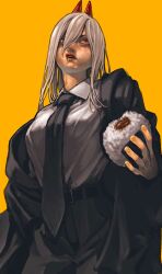 Rule 34 | 1girl, black jacket, black necktie, black pants, blonde hair, breasts, chainsaw man, chewing, collared shirt, cowboy shot, food, food on face, formal, hair between eyes, hana minami, highres, horns, jacket, large breasts, long hair, looking up, necktie, onigiri, open mouth, pants, power (chainsaw man), red horns, rice, rice on face, sharp teeth, shirt, shirt tucked in, simple background, solo, suit, suit jacket, teeth, white shirt, yellow background